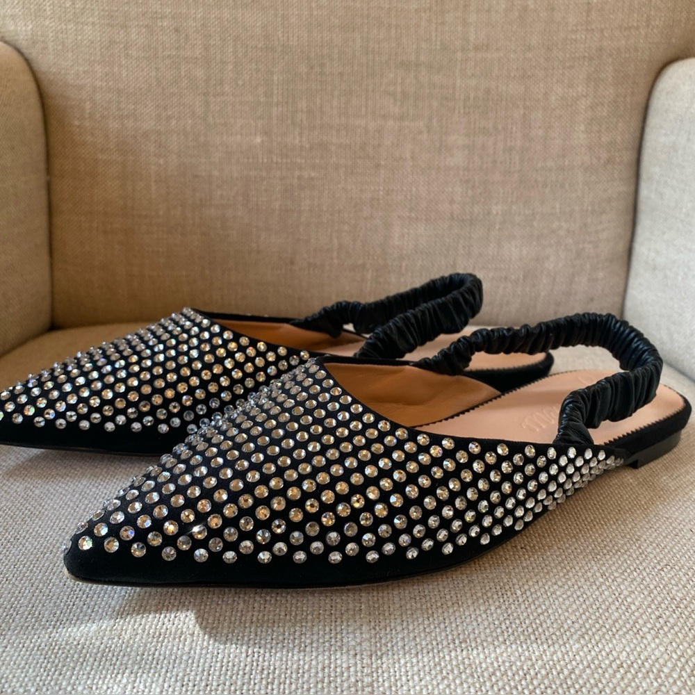 J. Crew Women’s Kid Suede Crystal Slingback Mules in black Sz 8 with box